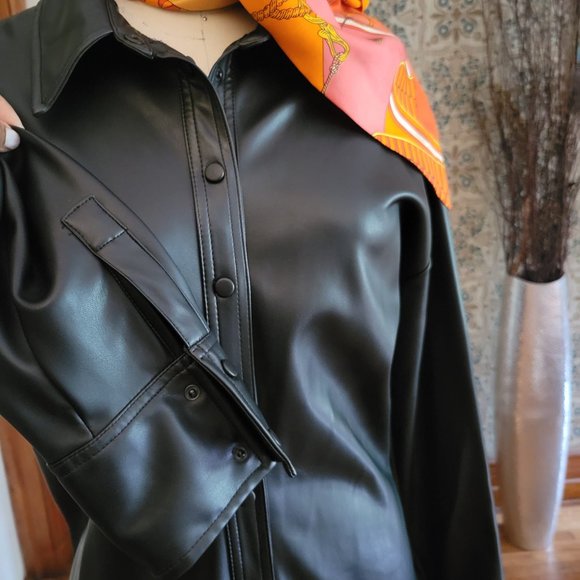 ZARA BLACK SOFT VEGAN LEATHER MIDI COAT DRESS WITH SNAP BUTTONS. (LIKE NEW) - Picture 6 of 9